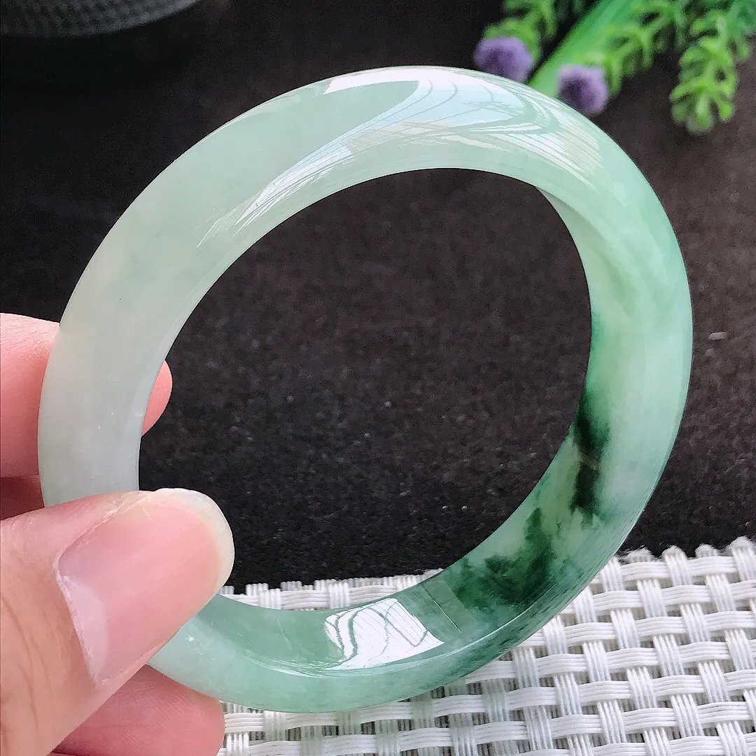 自然光55/13/8.3老坑冰润起胶飘花手镯宽边翡翠玉镯美人镯