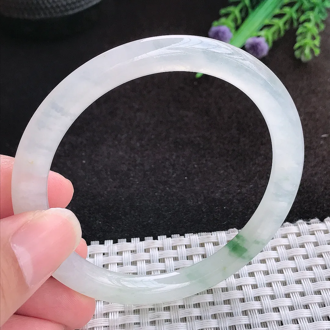 自然光58.5/7.3/8老坑冰透果冻飘花圆条手镯宽边翡翠玉镯美人镯