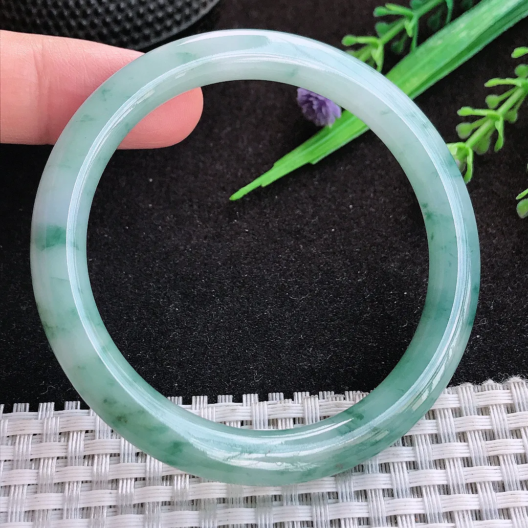 自然光54.5/7.5/8.2老坑冰润水灵飘花圆条手镯宽边翡翠玉镯美人镯