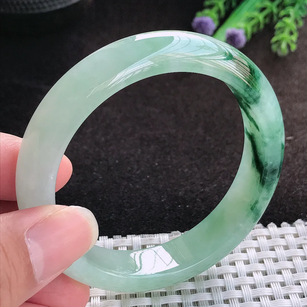 自然光55/13/8.3老坑冰润起胶飘花手镯宽边翡翠玉镯美人镯