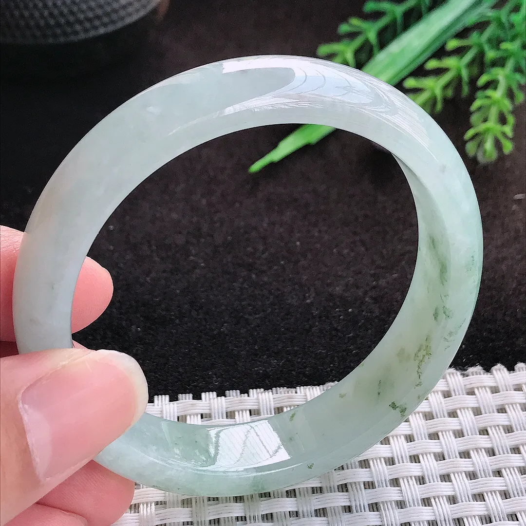 自然光55/13/7.5老坑冰胶飘花手镯宽边翡翠玉镯美人镯