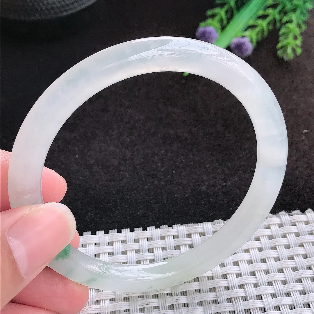 自然光58.5/7.3/8老坑冰透果冻飘花圆条手镯宽边翡翠玉镯美人镯