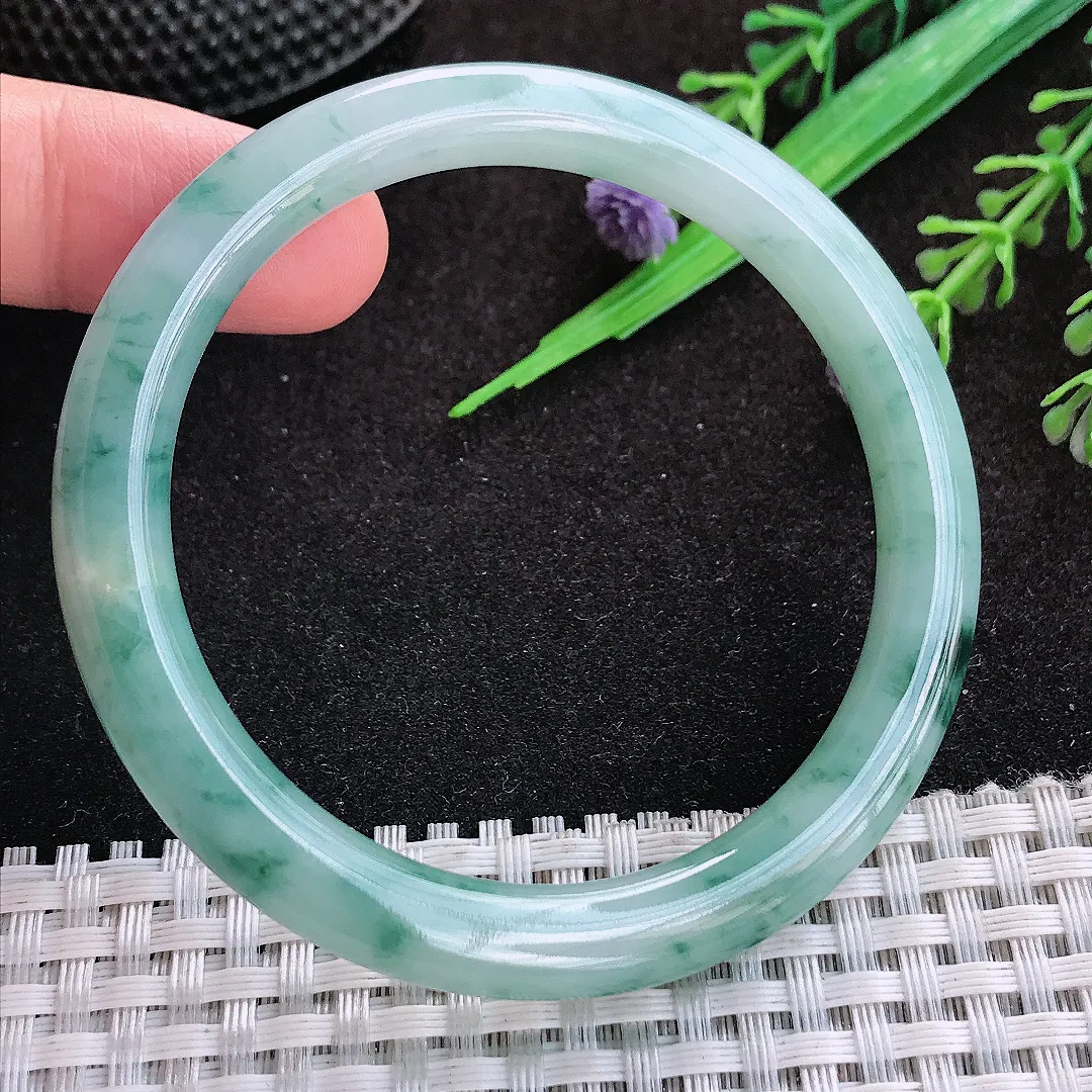自然光54.5/7.5/8.2老坑冰润水灵飘花圆条手镯宽边翡翠玉镯美人镯