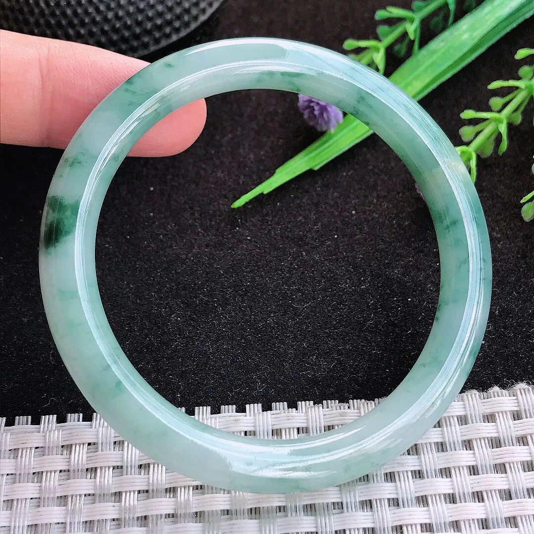 自然光54.5/7.5/8.2老坑冰润水灵飘花圆条手镯宽边翡翠玉镯美人镯