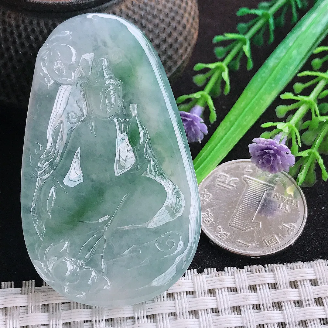 自然光59/35.3/5.3老坑冰胶果冻冰飘花赐福观音吊坠天然翡翠玉坠挂件