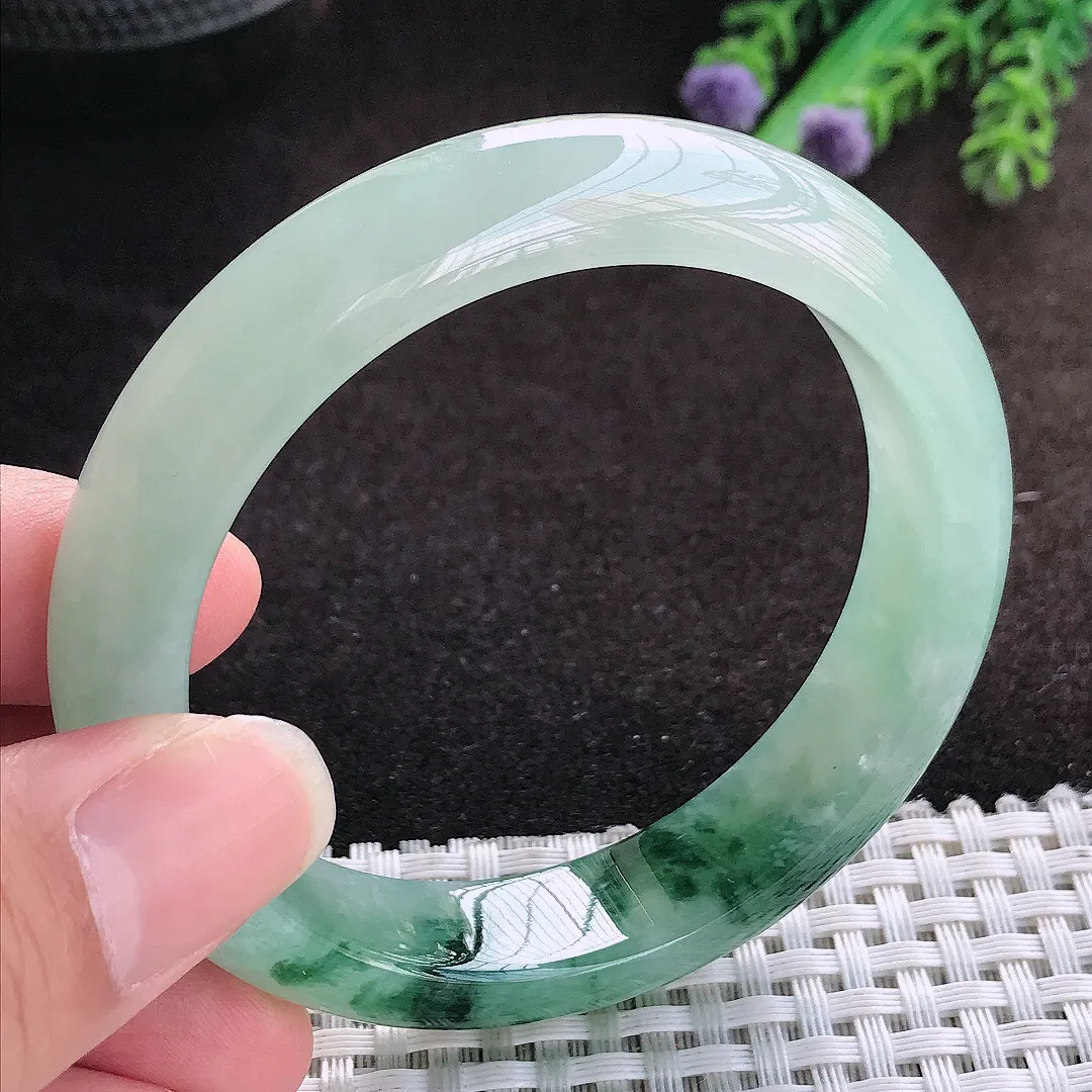 自然光55/13/8.3老坑冰润起胶飘花手镯宽边翡翠玉镯美人镯