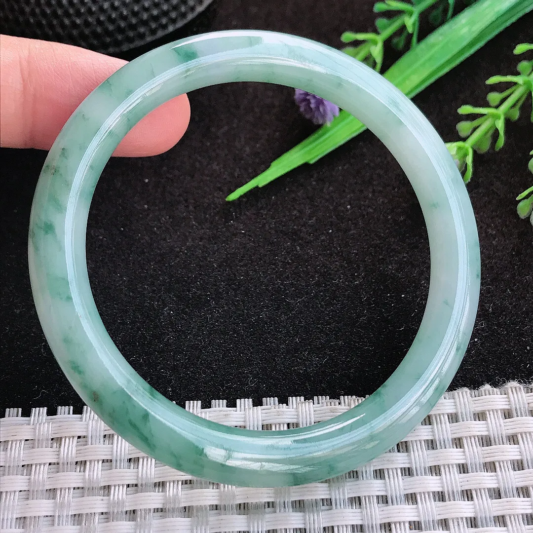 自然光54.5/7.5/8.2老坑冰润水灵飘花圆条手镯宽边翡翠玉镯美人镯