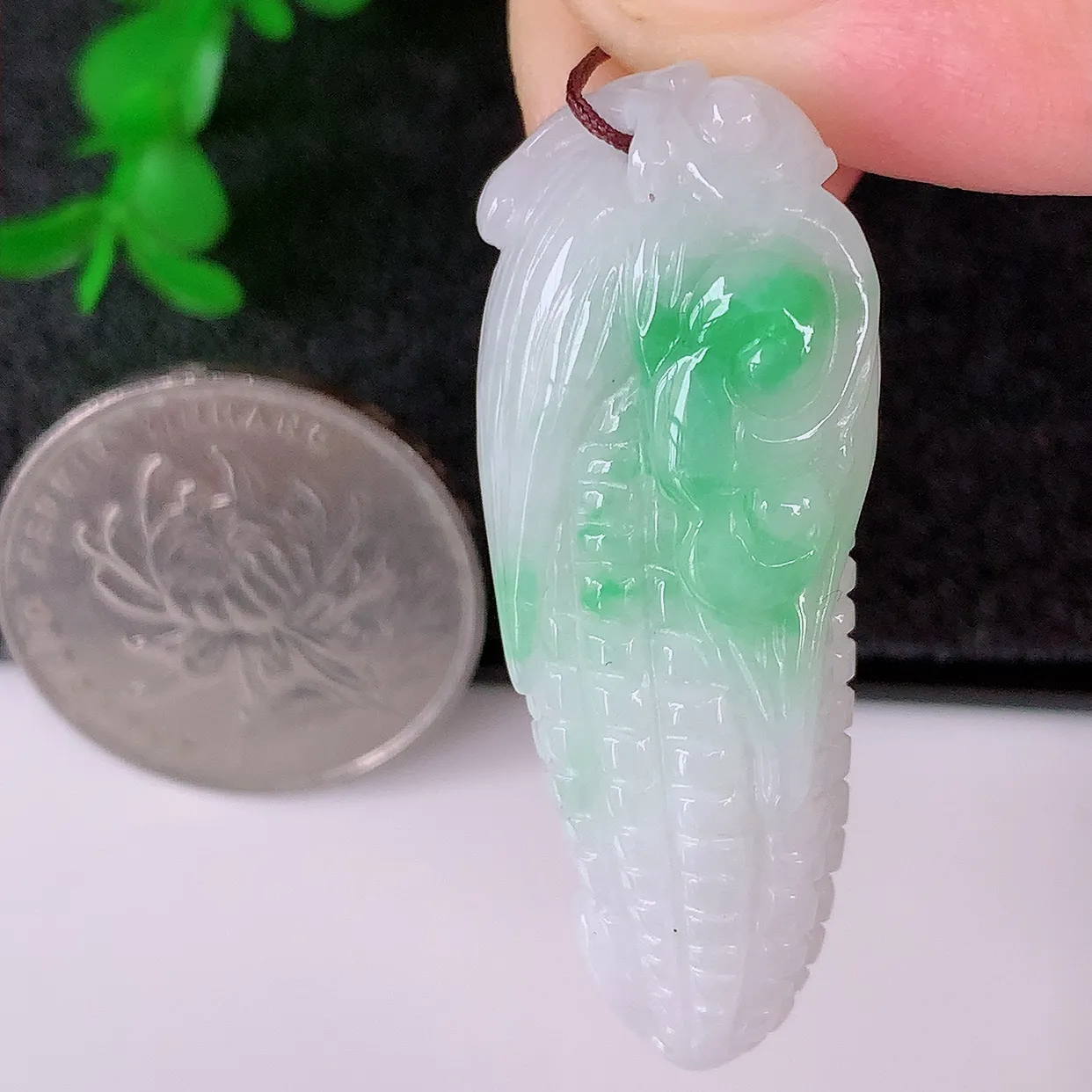 自然光实拍，水润飘绿翡翠多子多福玉米吊坠，翠色灵动，玉质细腻，颜色漂亮，品相佳，佩戴佳品！#57.16