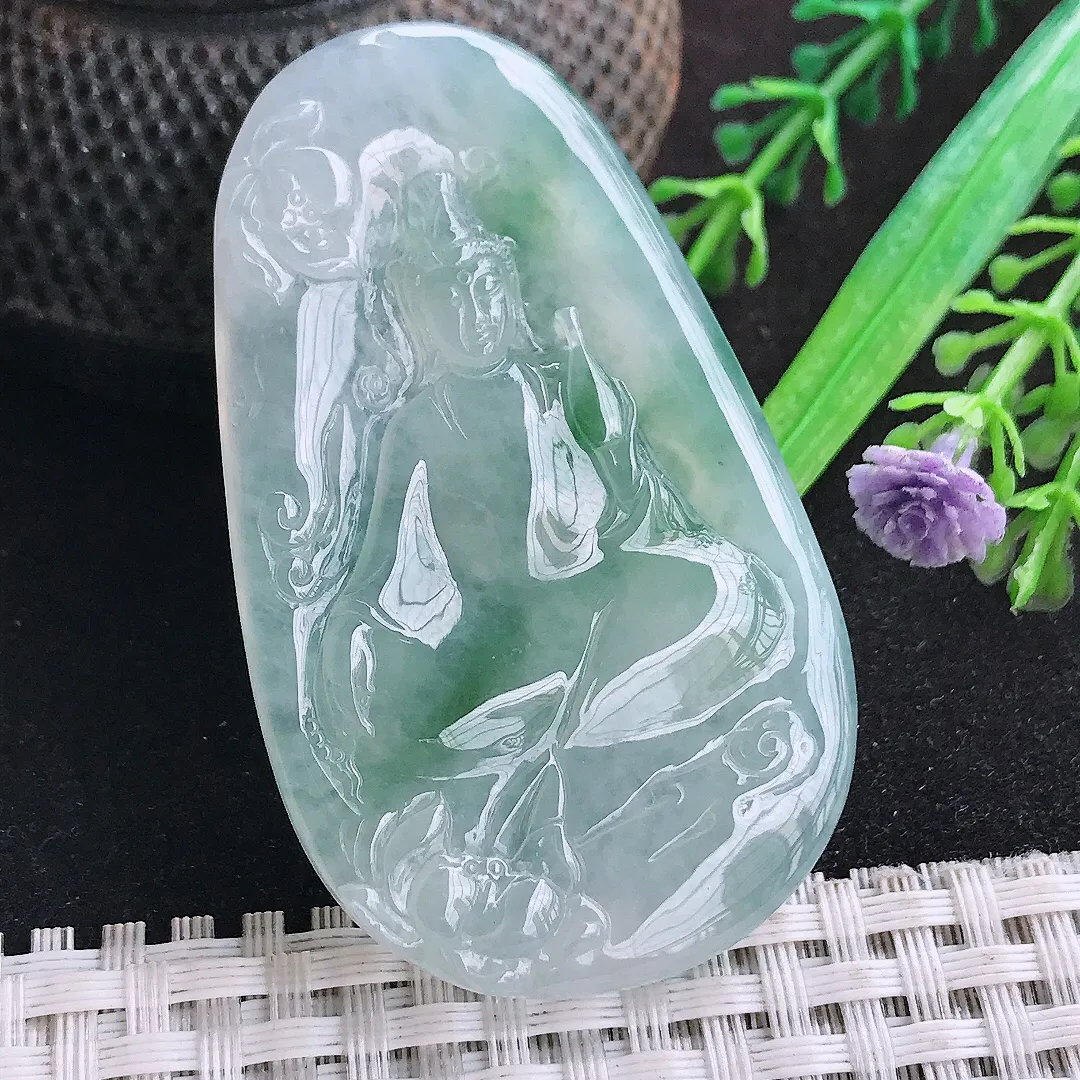 自然光59/35.3/5.3老坑冰胶果冻冰飘花赐福观音吊坠天然翡翠玉坠挂件