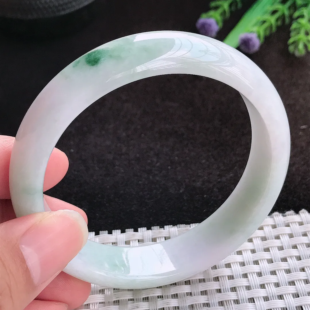 自然光59/15/7.6老坑精美温润飘花手镯宽边翡翠玉镯美人镯