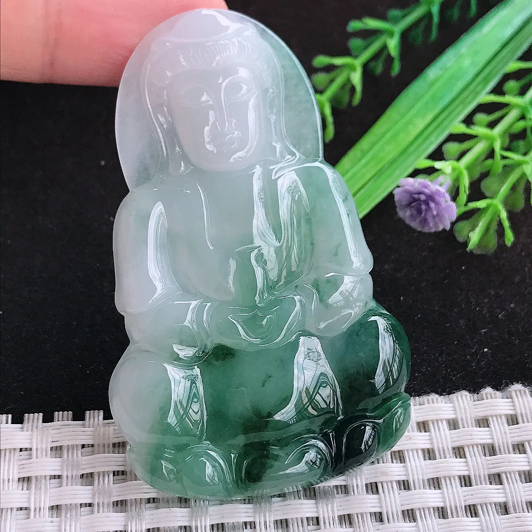 自然光65.2/40.5/6老坑冰胶水灵飘花赐福观音吊坠天然翡翠玉坠挂件