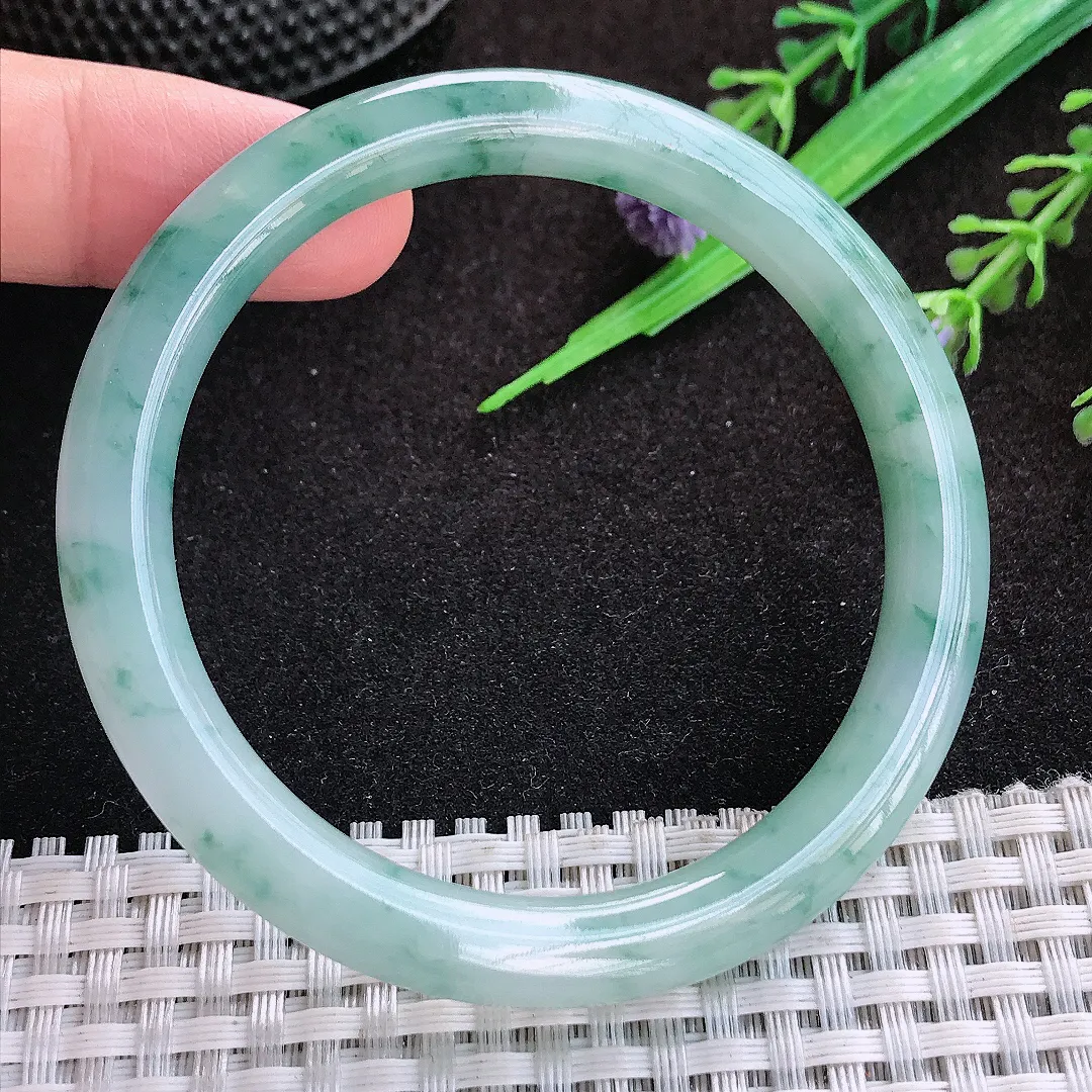 自然光54.5/7.5/8.2老坑冰润水灵飘花圆条手镯宽边翡翠玉镯美人镯