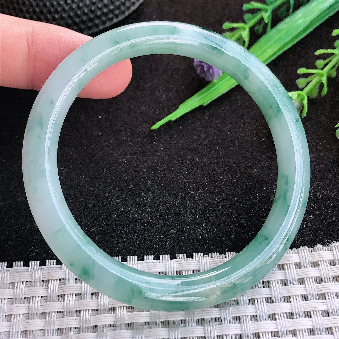 自然光54.5/7.5/8.2老坑冰润水灵飘花圆条手镯宽边翡翠玉镯美人镯
