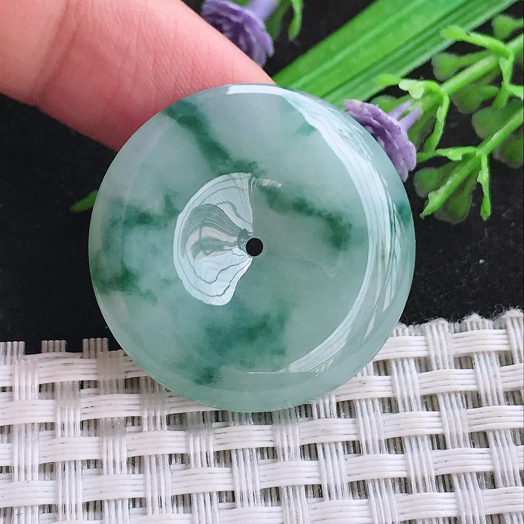 自然光31.7/5.6老坑精美温润飘花平安扣吊坠天然翡翠玉坠挂件