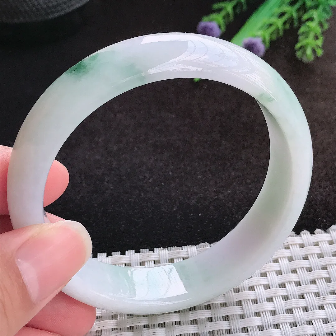 自然光59/15/7.6老坑精美温润飘花手镯宽边翡翠玉镯美人镯