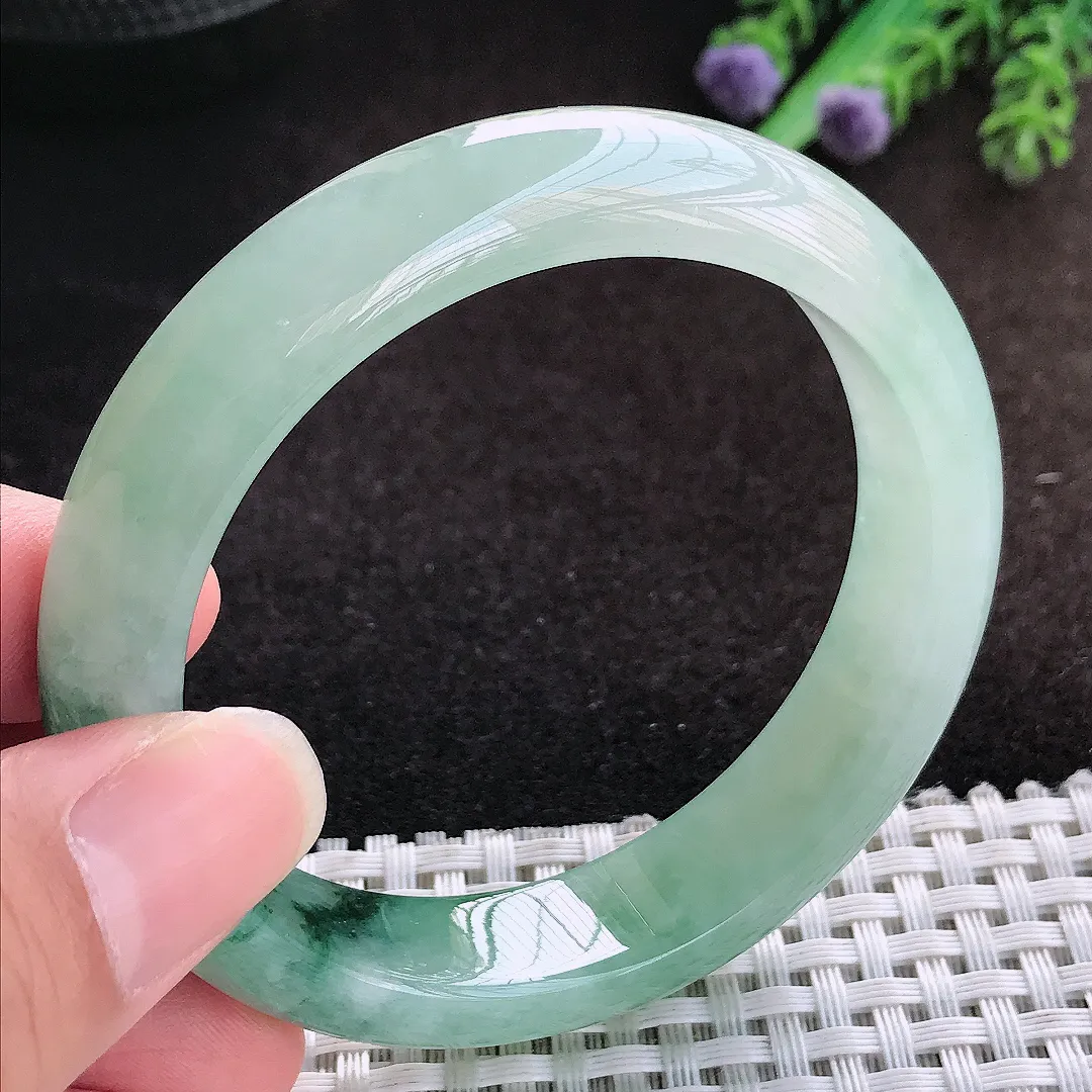自然光55/13/8.3老坑冰润起胶飘花手镯宽边翡翠玉镯美人镯