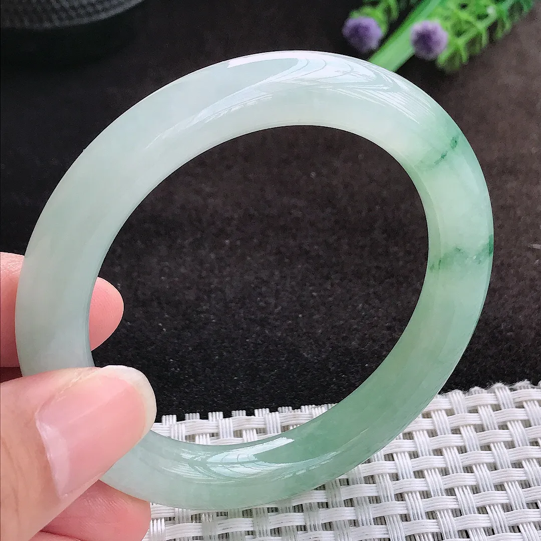 自然光54.5/10老坑冰胶果冻冰晴飘花圆条手镯翡翠玉镯美人镯