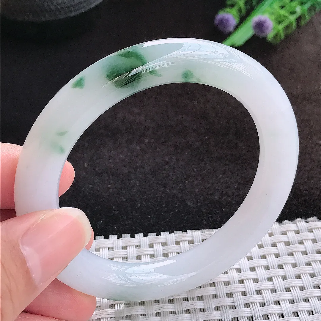 自然光55/10.5/10.3老坑冰胶果冻飘花圆条手镯翡翠玉镯美人镯