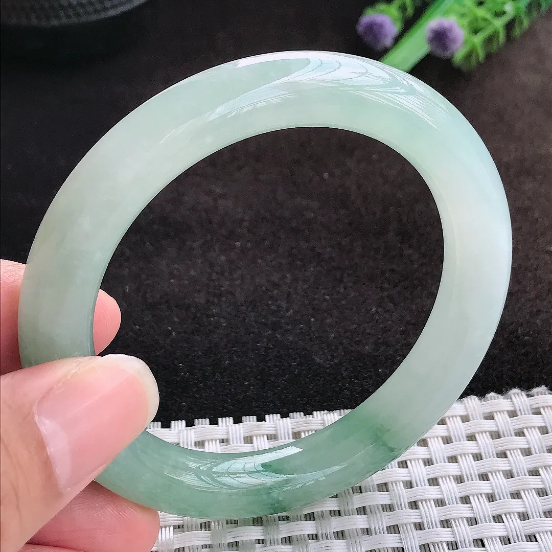 自然光54.5/10老坑冰胶果冻冰晴飘花圆条手镯翡翠玉镯美人镯