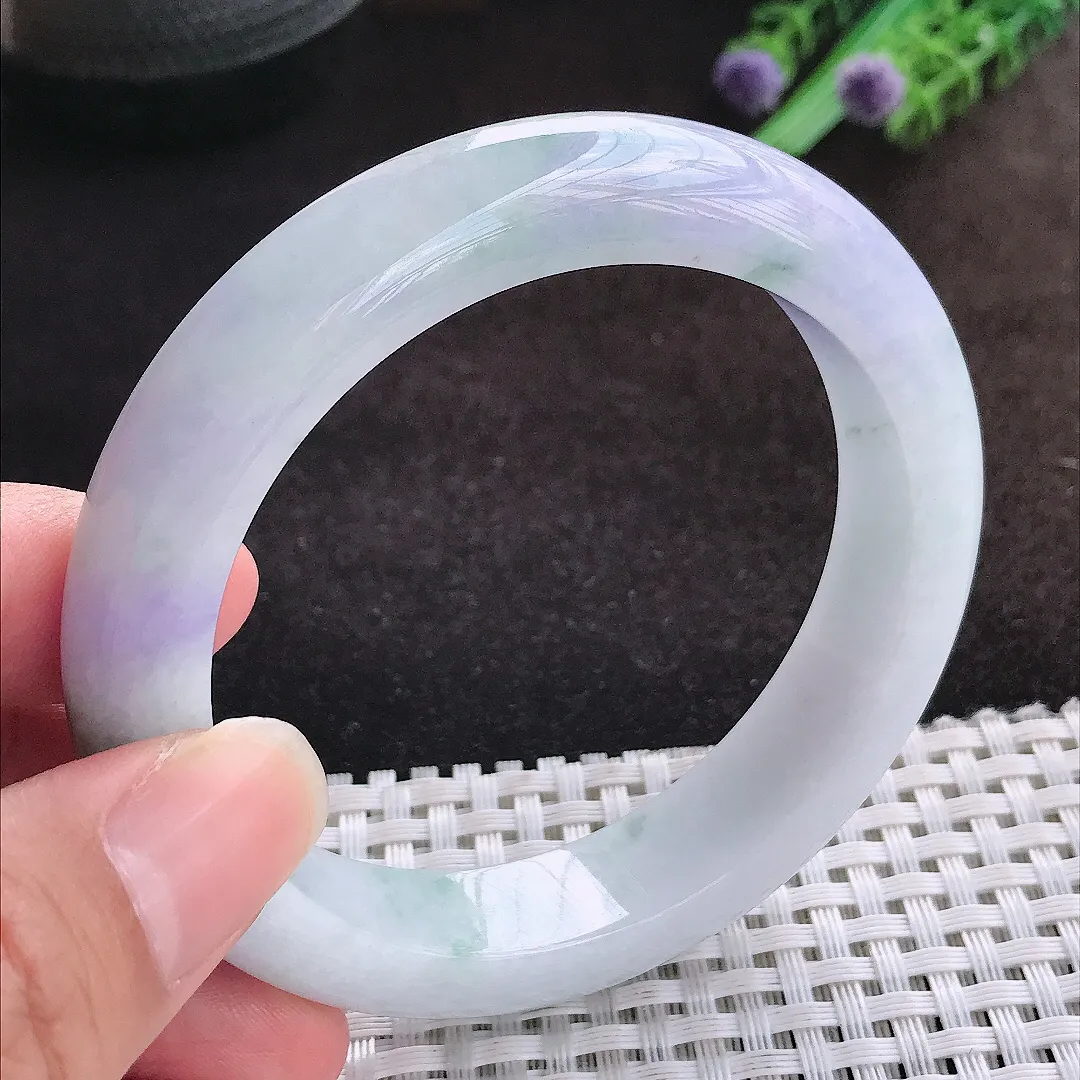 自然光57/12.8/9.3老坑精美冰润紫罗兰手镯宽边翡翠玉镯美人镯