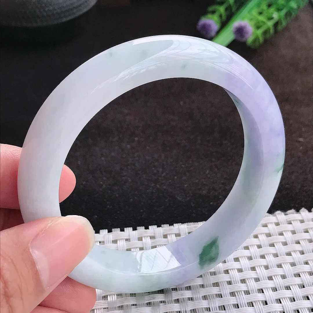 自然光57/12.8/9.3老坑精美冰润紫罗兰手镯宽边翡翠玉镯美人镯