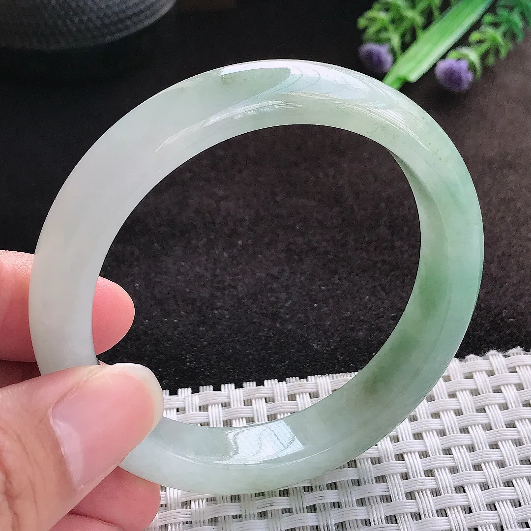 自然光56.8/12.1/8.4老坑冰润起胶飘花手镯宽边翡翠玉镯美人镯
