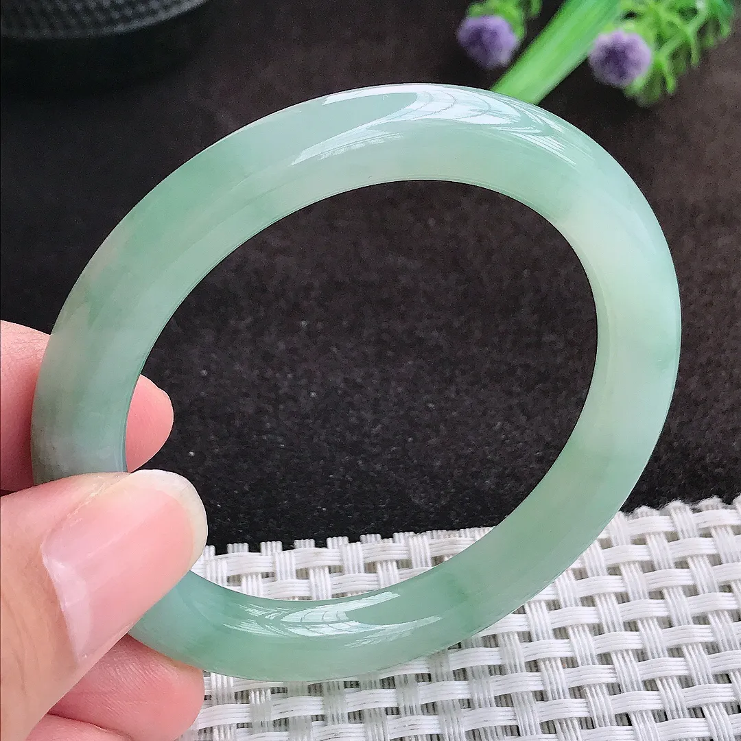 自然光52/8.7/8.9小圈口老坑冰胶果冻飘花圆条手镯宽边翡翠玉镯美人镯