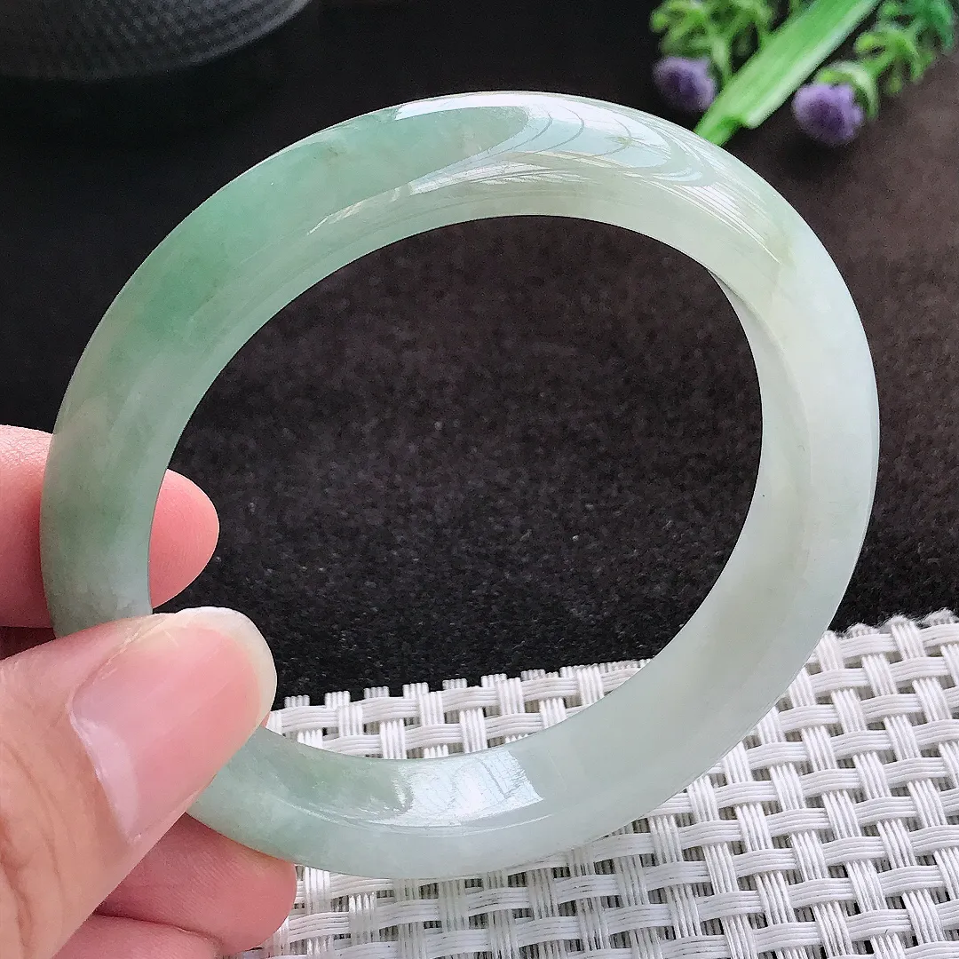 自然光56.8/12.1/8.4老坑冰润起胶飘花手镯宽边翡翠玉镯美人镯