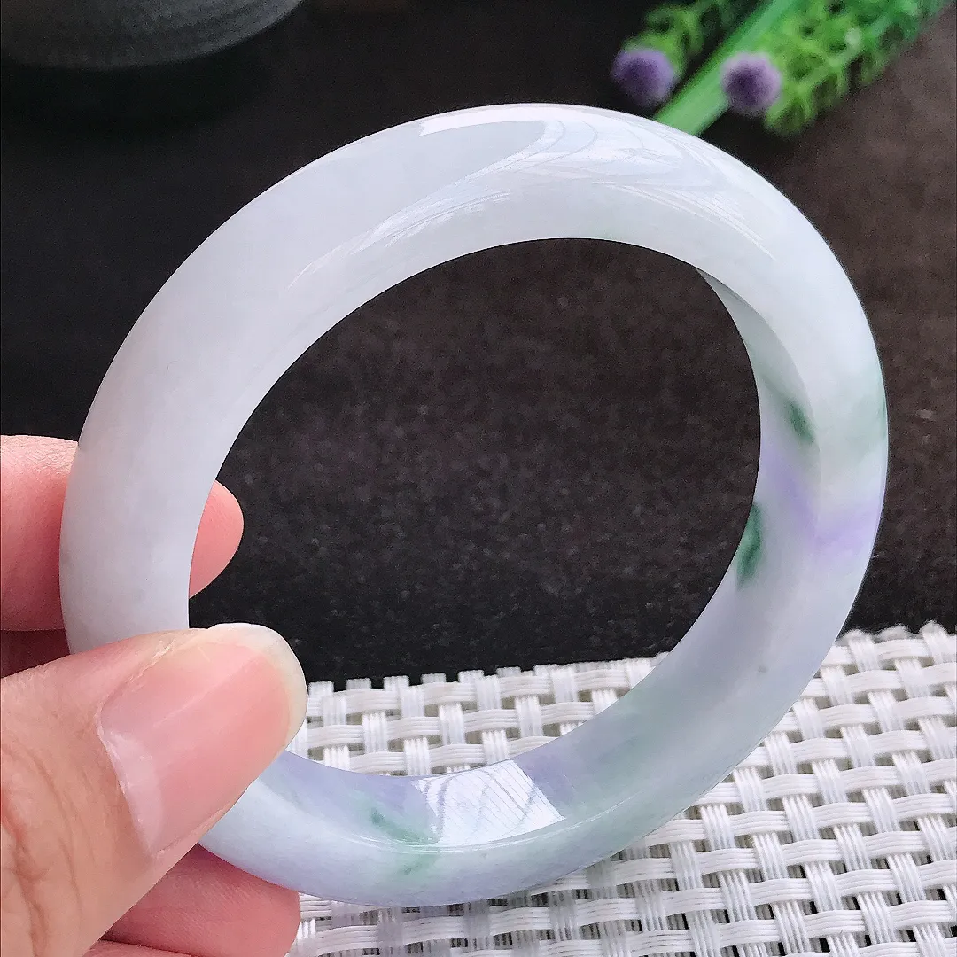 自然光57/12.8/9.3老坑精美冰润紫罗兰手镯宽边翡翠玉镯美人镯