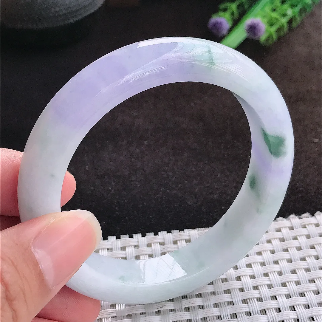自然光57/12.8/9.3老坑精美冰润紫罗兰手镯宽边翡翠玉镯美人镯
