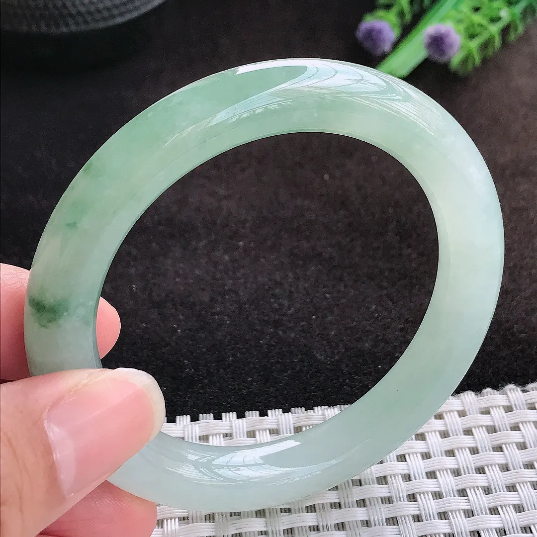 自然光54.5/10老坑冰胶果冻冰晴飘花圆条手镯翡翠玉镯美人镯