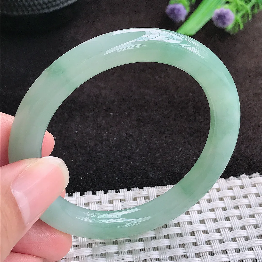 自然光52/8.7/8.9小圈口老坑冰胶果冻飘花圆条手镯宽边翡翠玉镯美人镯