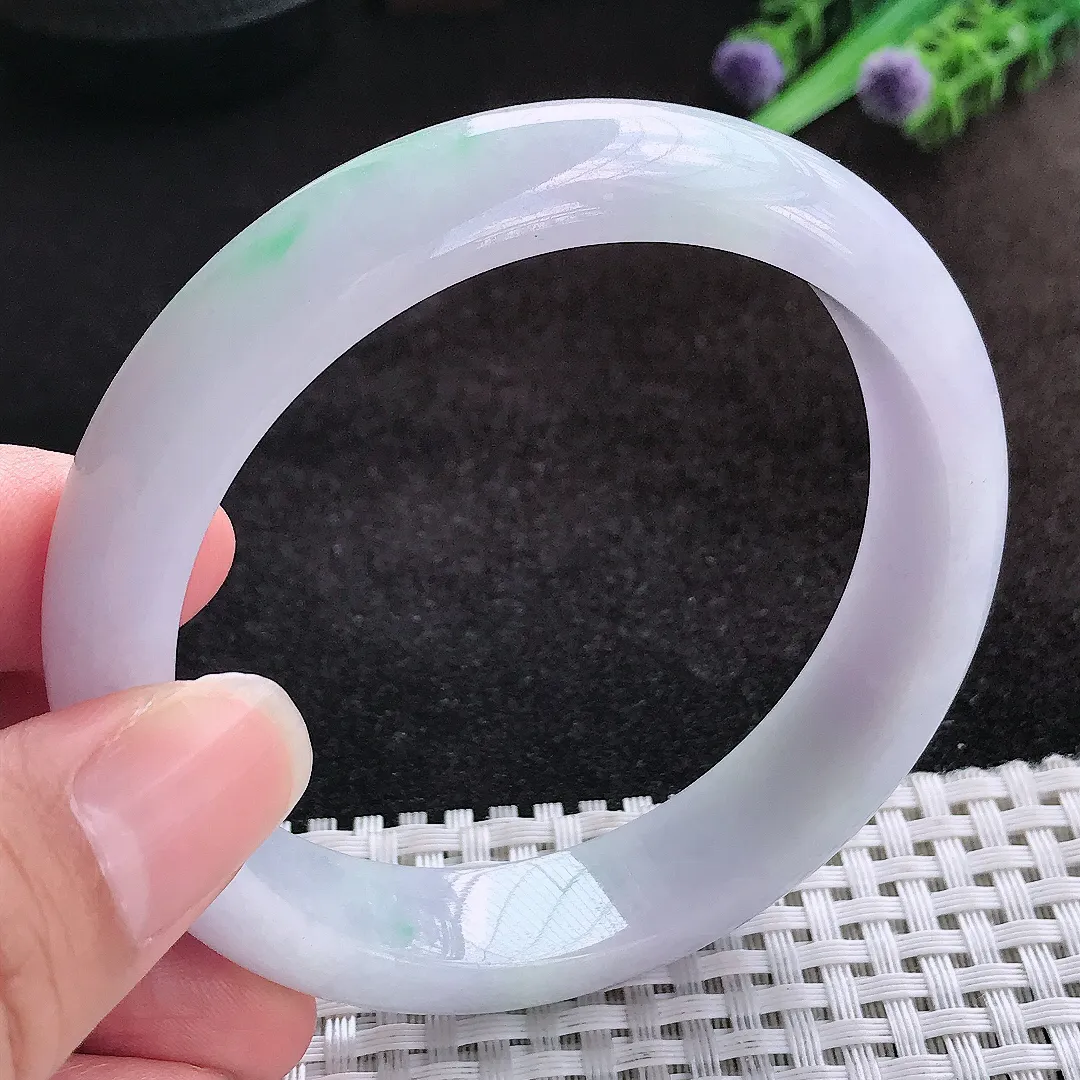 自然光59.5/14.2/8.3老坑秀气冰润紫底飘花手镯宽边翡翠玉镯美人镯