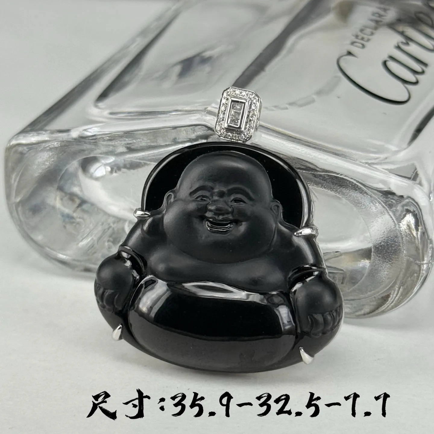精品18k墨翠大肚佛 种好色正 黑度极好 打灯通透 油性十足 尺寸35.9