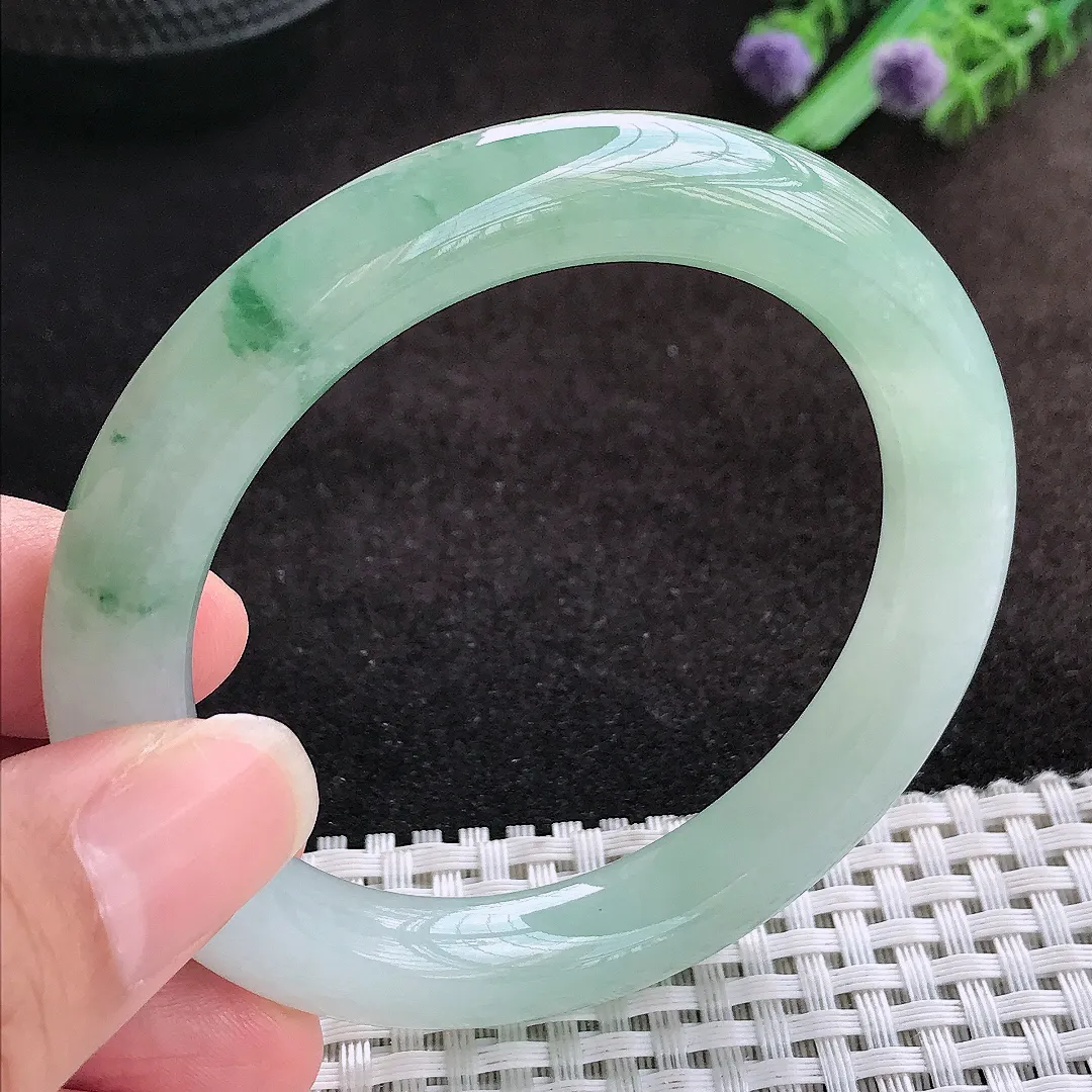 自然光54.5/10老坑冰胶果冻冰晴飘花圆条手镯翡翠玉镯美人镯