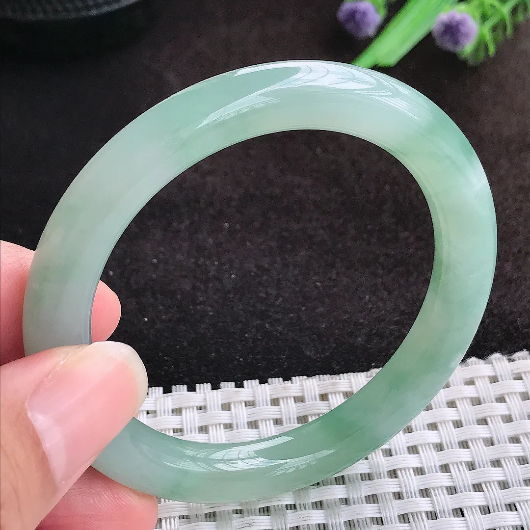 自然光52/8.7/8.9小圈口老坑冰胶果冻飘花圆条手镯宽边翡翠玉镯美人镯