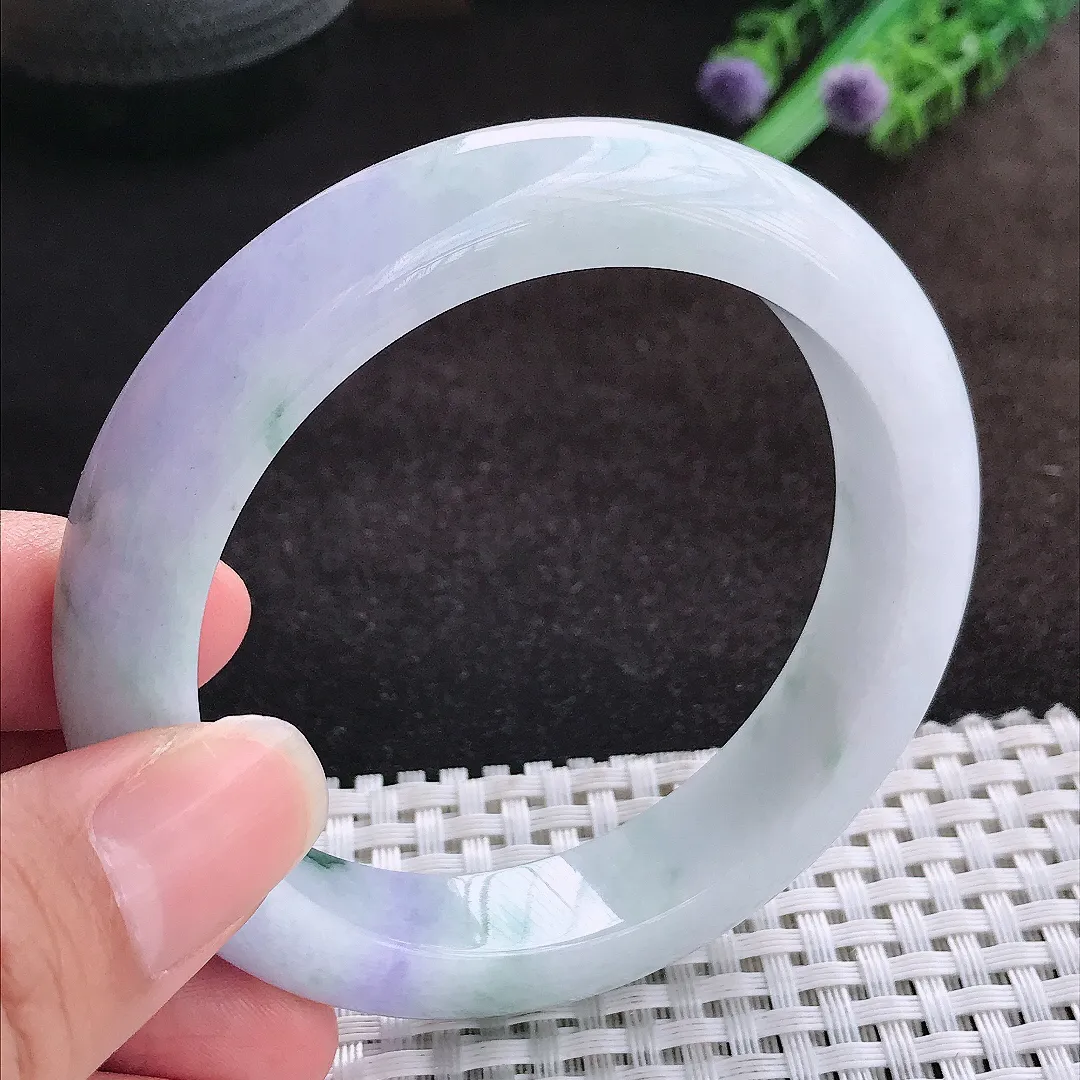 自然光57/12.8/9.3老坑精美冰润紫罗兰手镯宽边翡翠玉镯美人镯