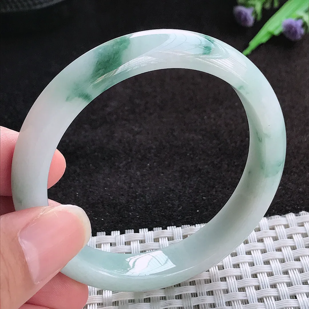 自然光54.8/11.8/7.7老坑精美飘花手镯宽边翡翠玉镯美人镯