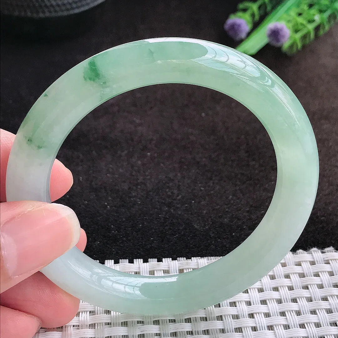 自然光54.5/10老坑冰胶果冻冰晴飘花圆条手镯翡翠玉镯美人镯