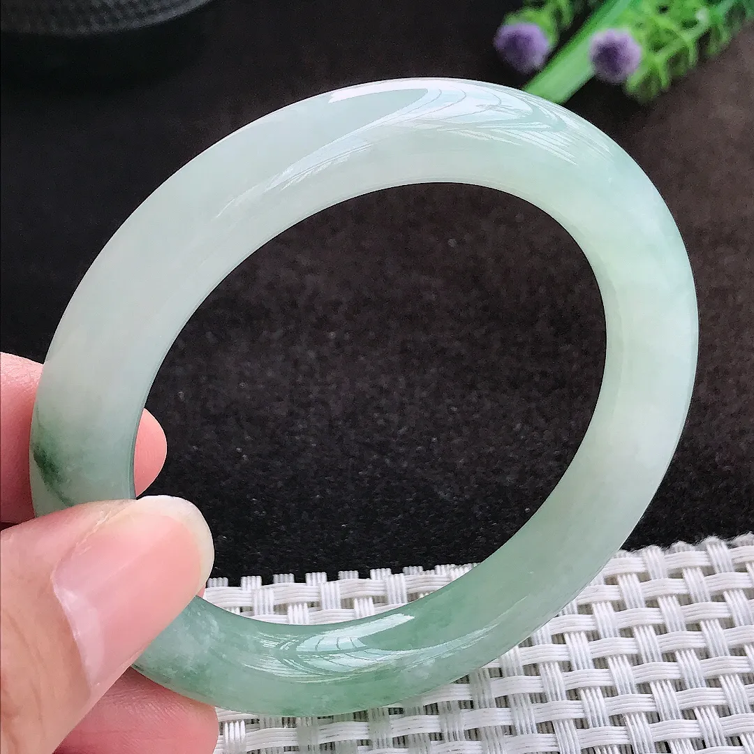 自然光54.5/10老坑冰胶果冻冰晴飘花圆条手镯翡翠玉镯美人镯