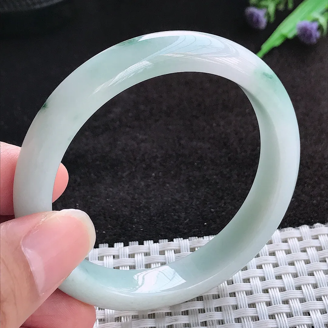 自然光54.8/11.8/7.7老坑精美飘花手镯宽边翡翠玉镯美人镯