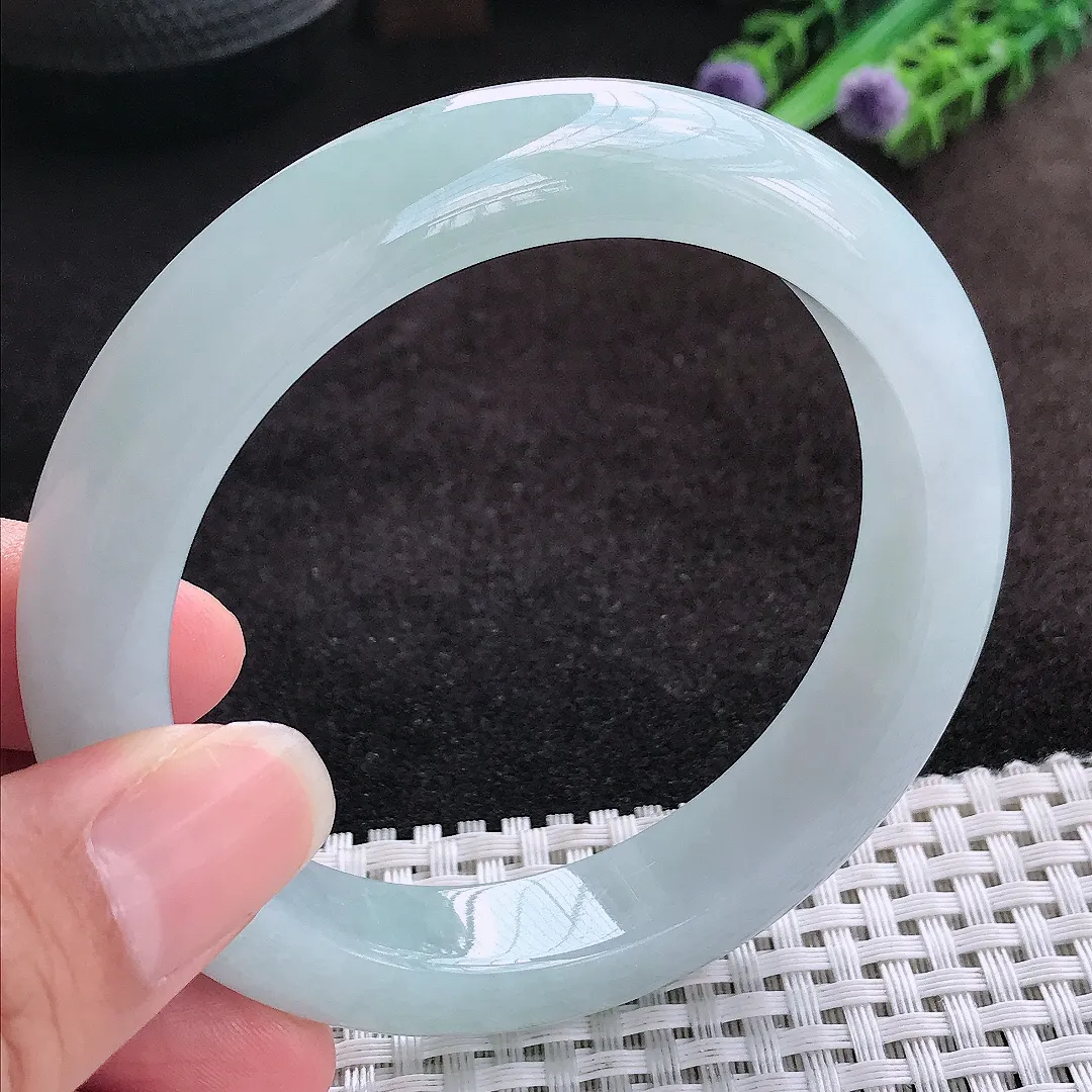 自然光59/12.5/9.6老坑冰纯起胶冰晴天空蓝手镯宽边翡翠玉镯美人镯