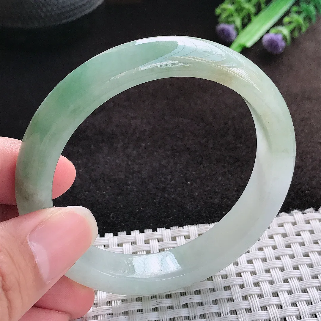 自然光56.8/12.1/8.4老坑冰润起胶飘花手镯宽边翡翠玉镯美人镯