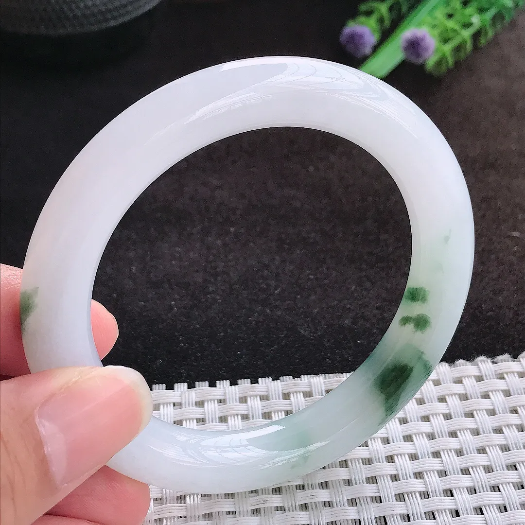 自然光55/10.5/10.3老坑冰胶果冻飘花圆条手镯翡翠玉镯美人镯