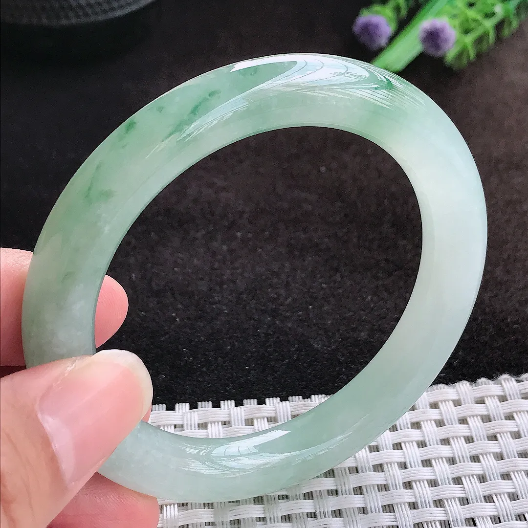 自然光54.5/10老坑冰胶果冻冰晴飘花圆条手镯翡翠玉镯美人镯
