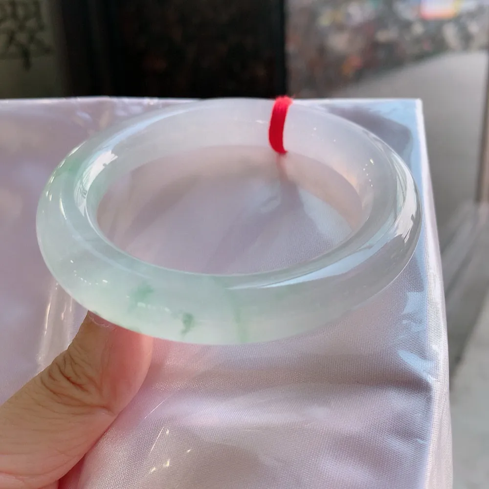 圆条冰玻绿花 无瑕 尺寸:57.4/11.9 花美 种水好