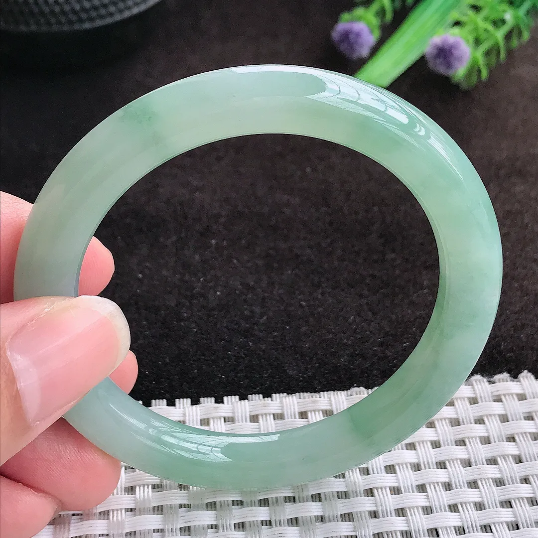 自然光52/8.7/8.9小圈口老坑冰胶果冻飘花圆条手镯宽边翡翠玉镯美人镯