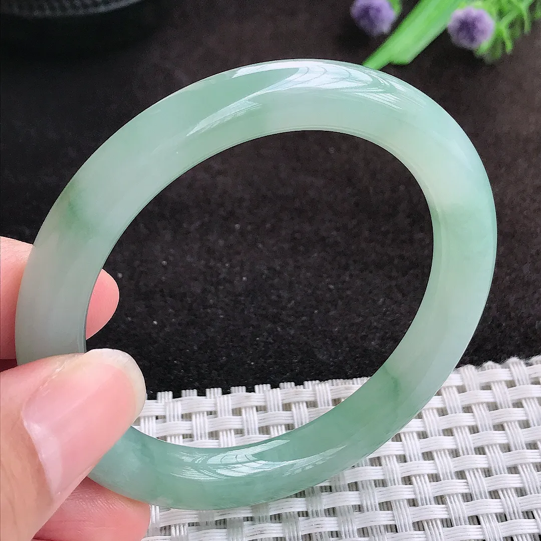 自然光52/8.7/8.9小圈口老坑冰胶果冻飘花圆条手镯宽边翡翠玉镯美人镯