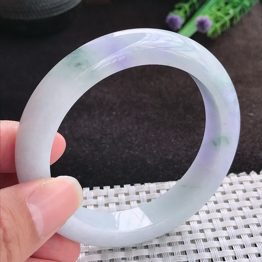 自然光57/12.8/9.3老坑精美冰润紫罗兰手镯宽边翡翠玉镯美人镯