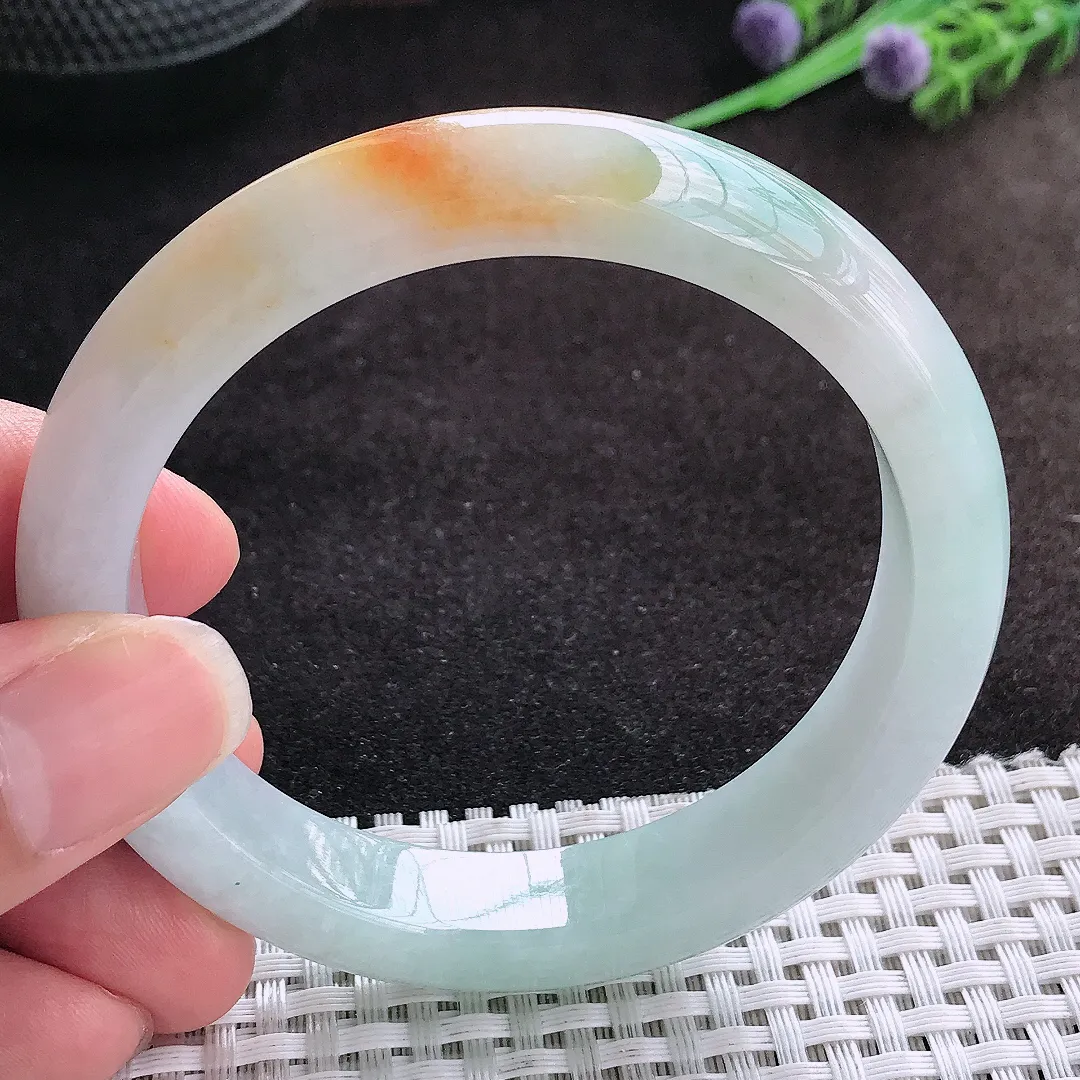 自然光57.5/12/8.7老坑精美冰润三彩飘黄翡手镯宽边翡翠玉镯美人镯